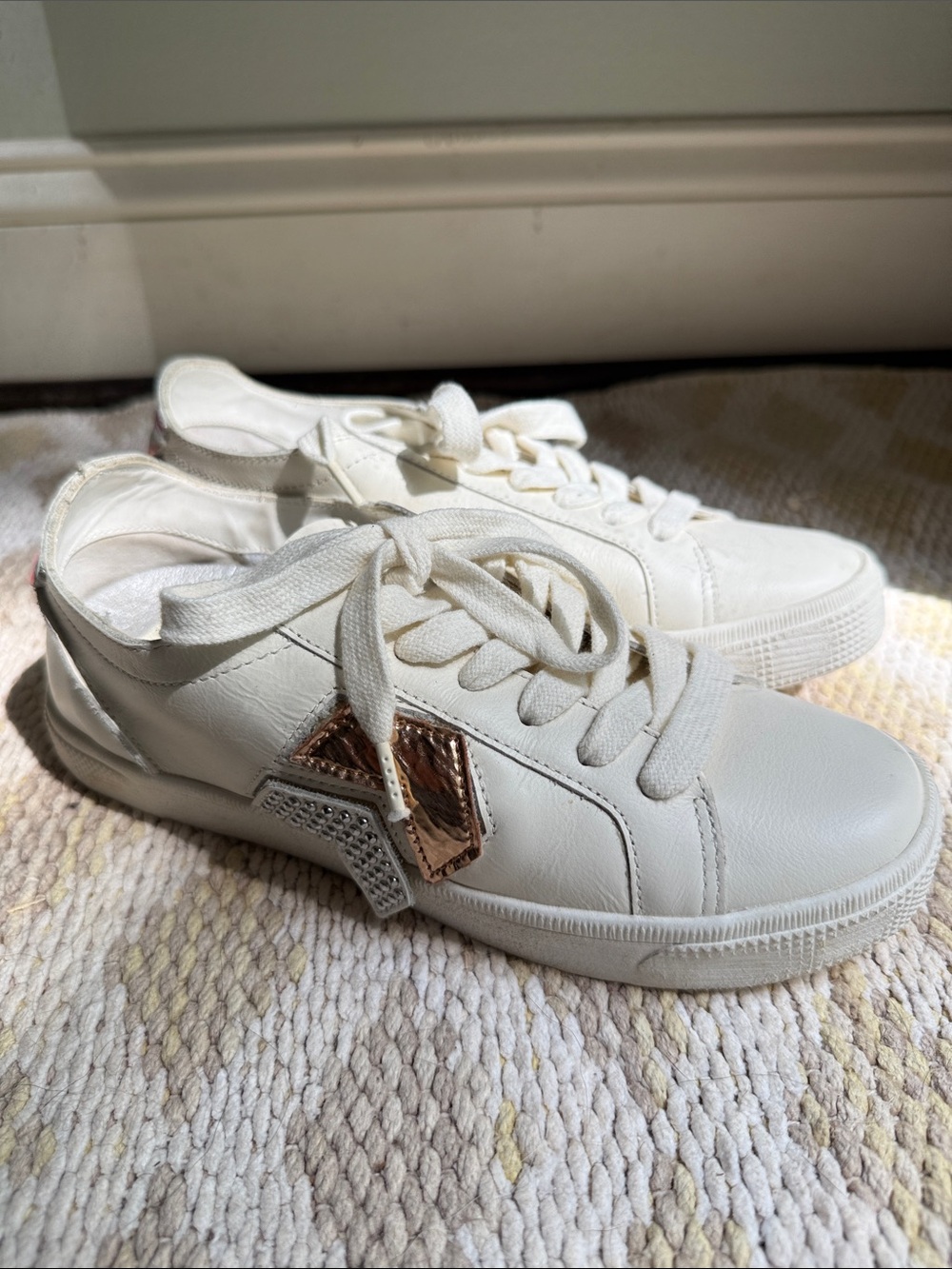 Women's White Leather Sneakers with Rose Gold Accent
